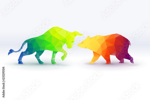 Colorful of low poly Bullish versus Bearish, stock market concept