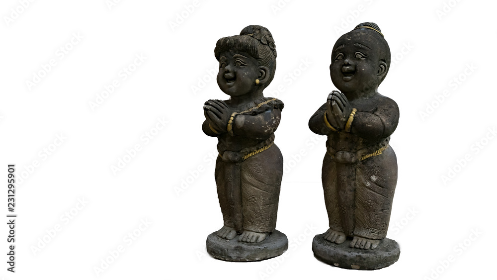 Obraz premium Two statues standing on white background.