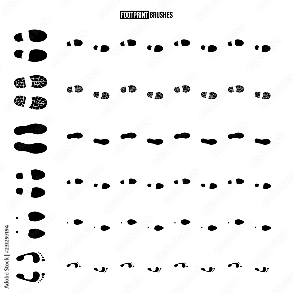 Set of different human footprints isolated on white background. Vector footprint brushes. Set of different human footprints isolated on white background. Vector footprint brushes.