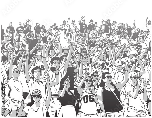 Stylized drawing of sports enthusiasts supporting their favorite team