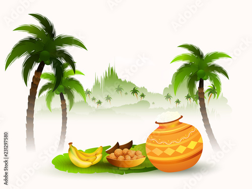 Nature view background with traditional pongal festival elements such as pot, fruits, and sweets on banana leaf for South Indian harvest festival celebration.
