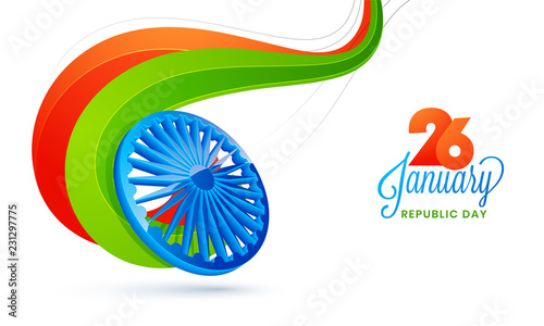 3D Ashoka wheel with abstract wave on white background for 26 January celebration. Can be used as greeting card design.