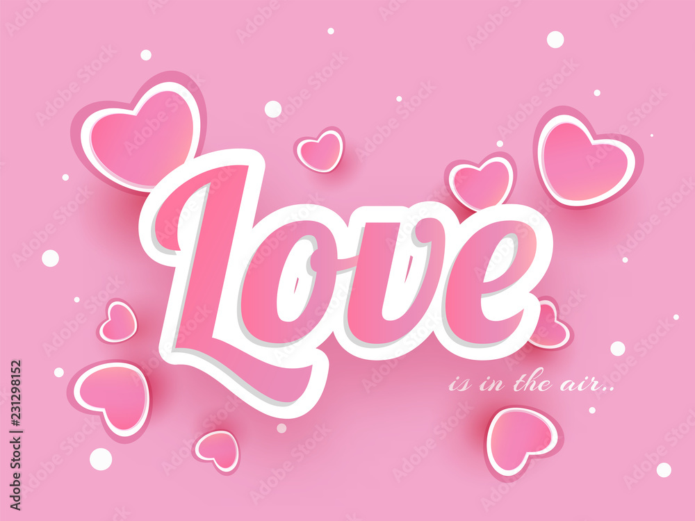 Sticker style text Love decorated with hearts on pink background.