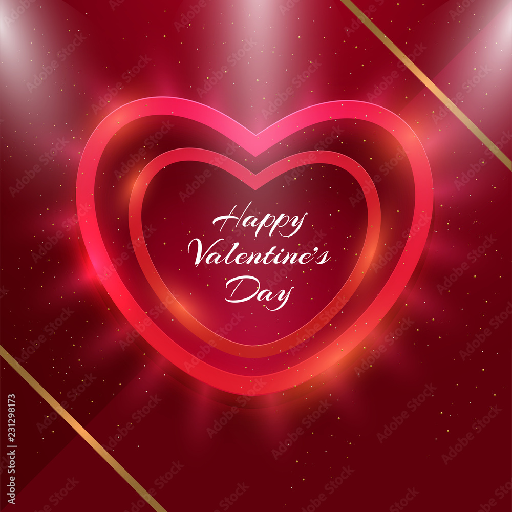 Happy Valentines Day background decorated with heart on glossy red background.