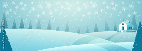 Winter landscape background with season trees and house for winter vacation concept. Banner or header design.