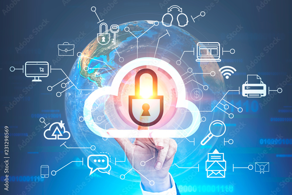 Naklejka premium Woman hand using cloud computer, earth