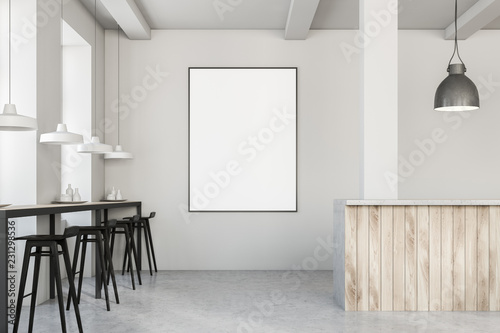 White cafe with black stools  poster and bar