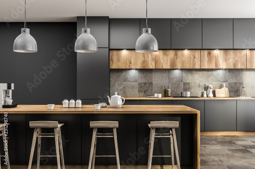 Gray kitchen with bar close up