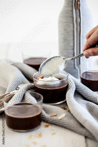 Chocolate-coffee with whipped cream & roasted almons photo