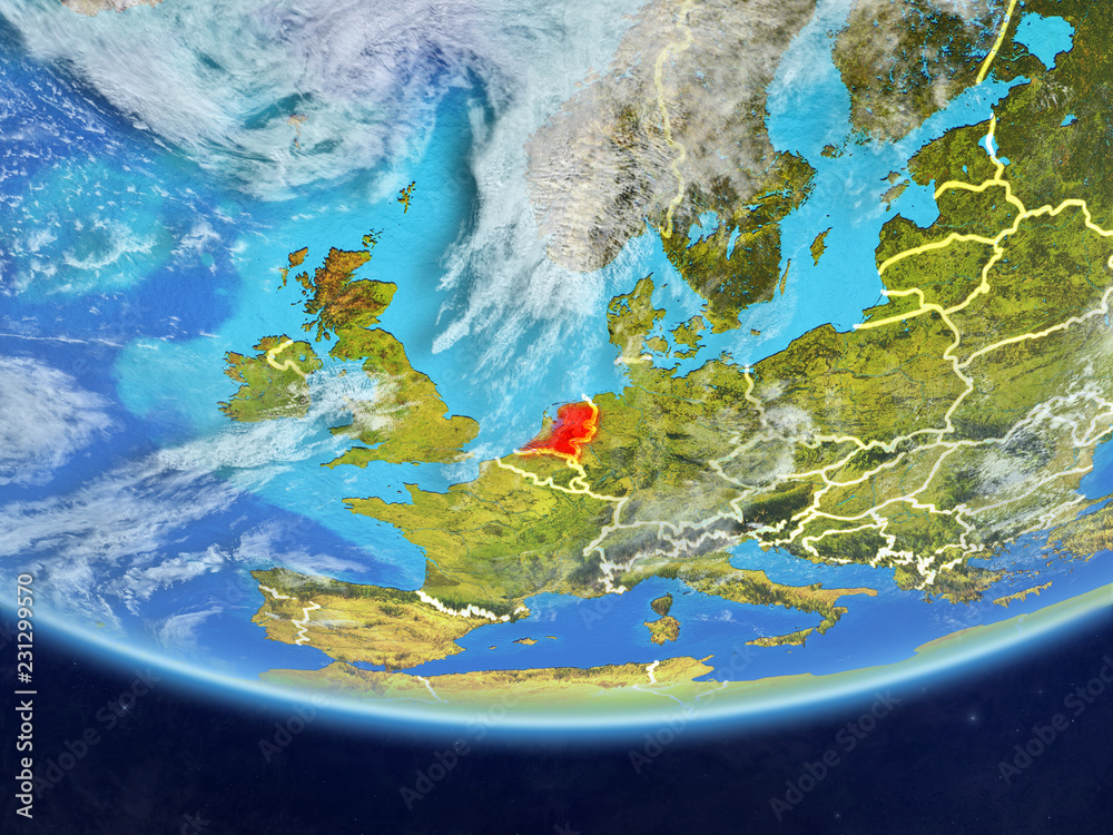 Netherlands on realistic model of planet Earth with country borders and very detailed planet surface and clouds.