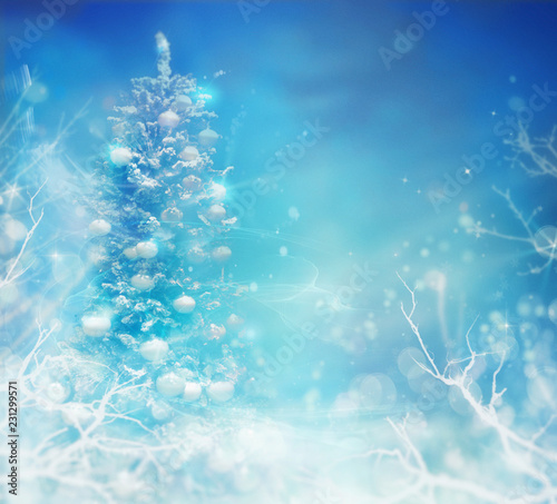 Christmas Tree in Snow. Winter frozen background