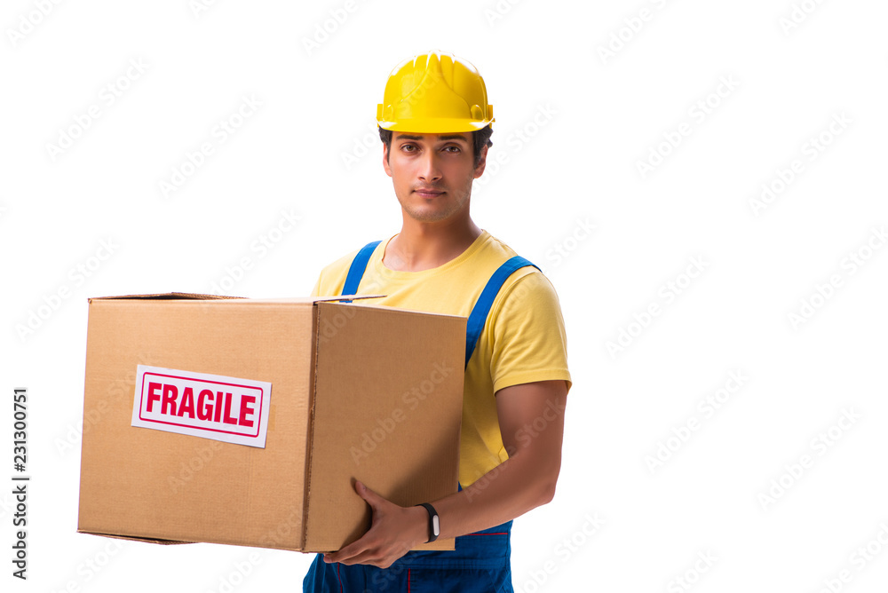 Young contractor with fragile boxes isolated on white Young contractor with fragile boxes isolated on white