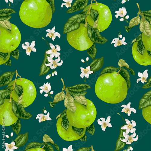 Seamless pattern with pomelo fruits, citrus fruits and flowers in vector