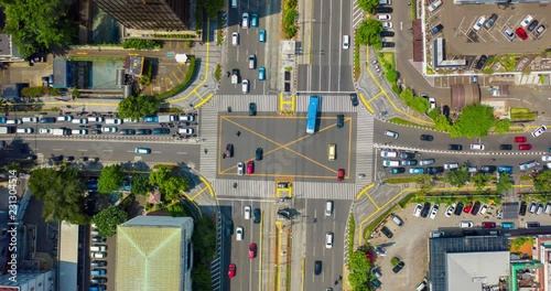 JAKARTA, Indonesia - October 31, 2018: Aerial hyperlapse of traffic on the road junction in Jakarta city, Indonesia. Shot in 4k resolution photo