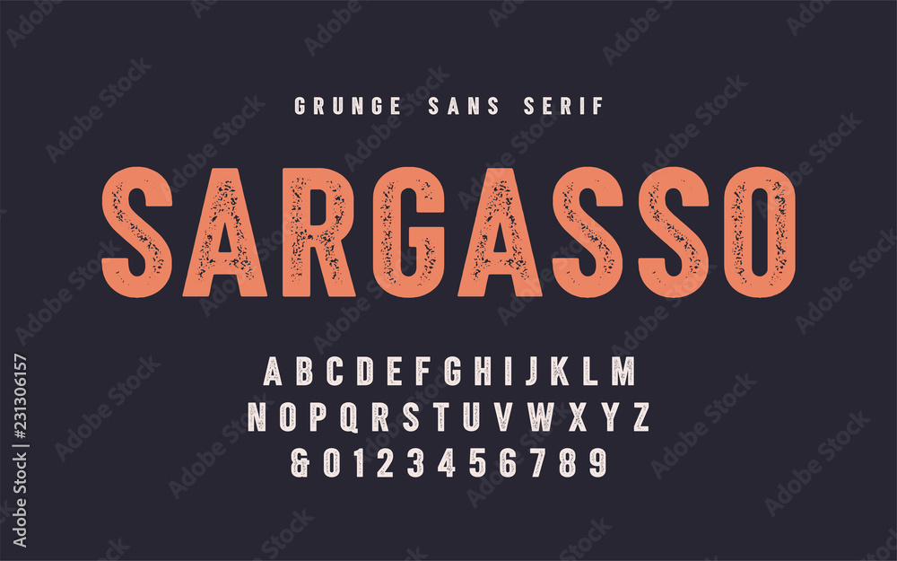 Sargasso grunge san serif vector font, alphabet, typeface - obrazy, fototapety, plakaty 