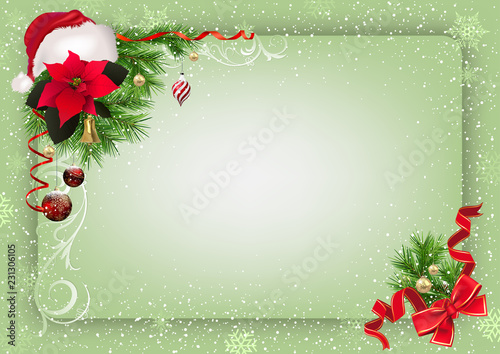 Green Christmas Background with Christmas Ornaments and Santa Hat and Red Bow...