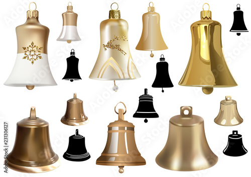 Set of Bells as Elements of Christmas Design for Your Illustrations - Photorealistic Vector and Colored Vector Illustration and Black Vector Illustration