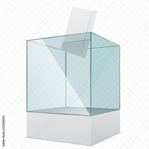 Transparent glass voting basket with envelope on simple background, vector illustration