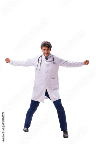 Young handsome doctor under pressure isolated on white © Elnur