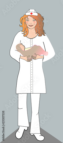 vector illustration. Nurse who cares baby..