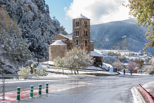 Snow in Sant Joan de Caselles Church in Canillo. Andorra la Vella, Andorra. photo