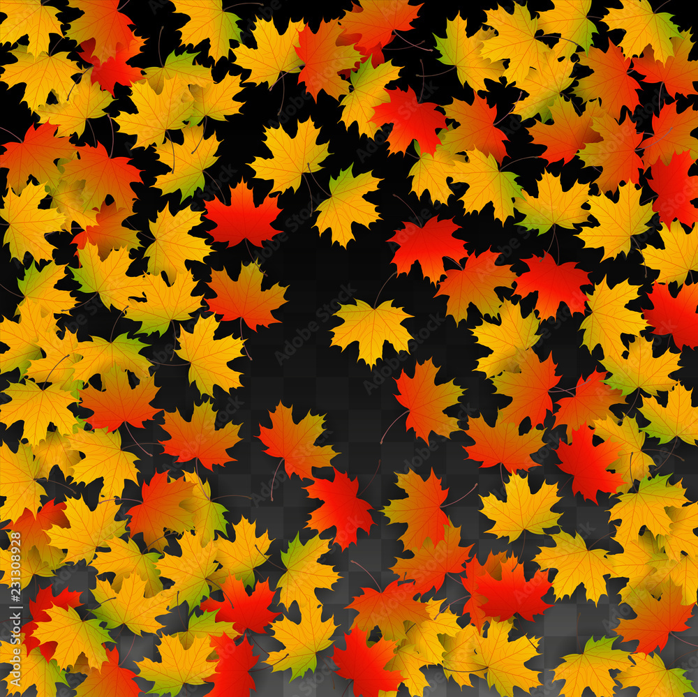 September Vector Background with Golden Falling Leaves. Autumn Illustration with Maple Red, Orange, Yellow Foliage. Isolated Leaf on Transparent Background. Bright Swirl. Suitable for Posters. September Vector Background with Golden Falling Leaves. Autumn Illustration with Maple Red, Orange, Yellow Foliage. Isolated Leaf on Transparent Background. Bright Swirl. Suitable for Posters.