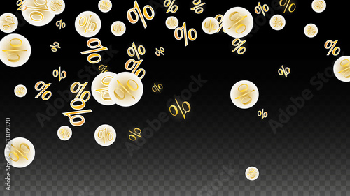 Luxury Vector Gold Percentage Sign Confetti on Transparent. Percent Sale Background. Business, Economics Print. Discount Illustration. Promotion Poster. Black Friday Banner. Special offer Template.