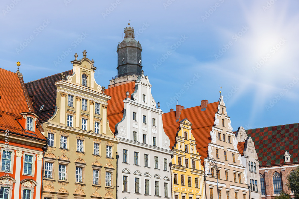 facades of historic buildings on the main square in Wroclaw, Poland