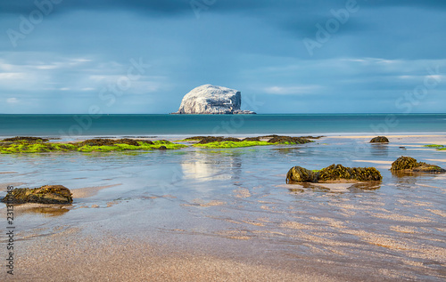 Rain and Bass Rock reflections in water. Bass Rock. North Berwick. Scotland. Long exposure photo