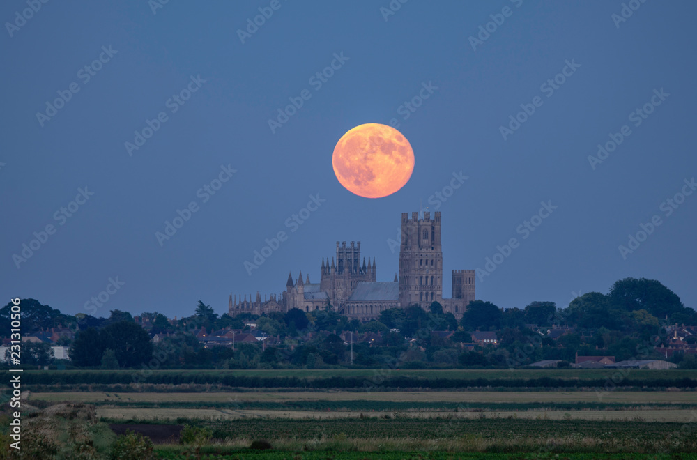 Strawberry Moon rises behind Ely Cathedral, 28th June 2018