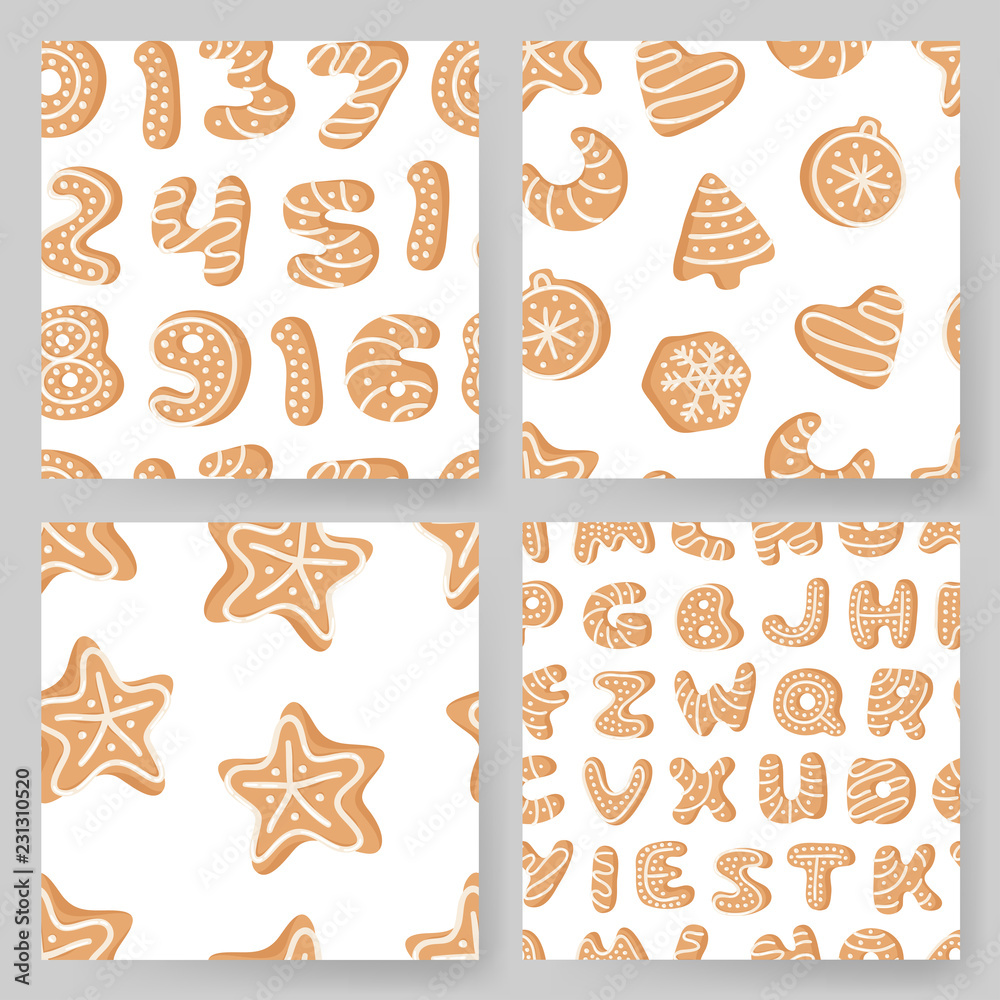 Set of cartoon vector illustration Ginger bread Cookies. Hand drawn Christmas seamless pattern with font. Actual Creative Holidays bake alphabet Set of cartoon vector illustration Ginger bread Cookies. Hand drawn Christmas seamless pattern with font. Actual Creative Holidays bake alphabet