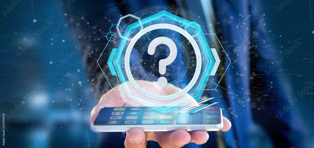 Foto Man holding a Technology question mark icon on a circle 3d rendering