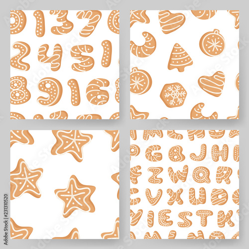 Set of cartoon vector illustration Ginger bread Cookies. Hand drawn Christmas seamless pattern with font. Actual Creative Holidays bake alphabet