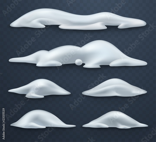 Snow hills, snowball and snowdrifts. Realistic snow masses. New Year's winter ice decorations.