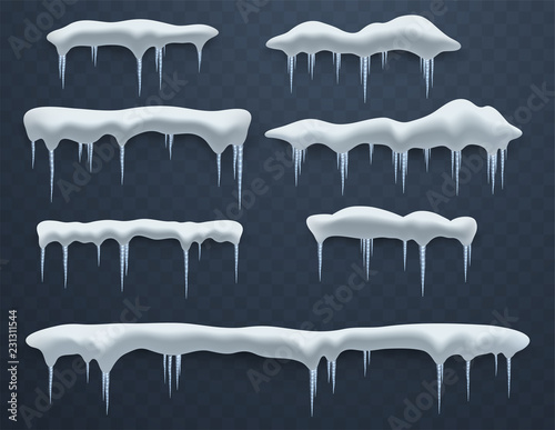 Set of ice caps. Snowdrifts, icicles, elements winter decor, ice decorations. Realistic snow masses.