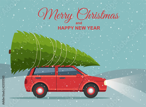 Merry Christmas and Happy New Year. Holiday winter snowy landscape with red car and christmas tree on top.