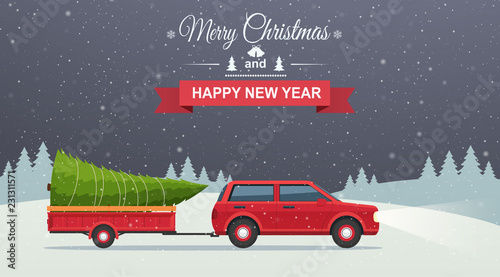 Merry Christmas and Happy New Year. Holiday winter snowy night background with red car and christmas tree in trailer.