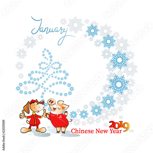 Dog and a pig with a Christmas tree made from snowflakes. January. Chinese characters 2018 and 2019. YEAR YELLOW PIG. Greeting card, holiday gift card with holiday greetings.