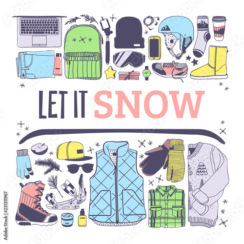Hand drawn Fashion Illustration Snowboarding Things. Creative ink art work. Actual cozy vector drawing with Rider's Items. Winter Sport set: wear, shoes, accessories, food, drinks, things