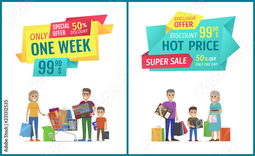 Special offer vector banner with people shopping