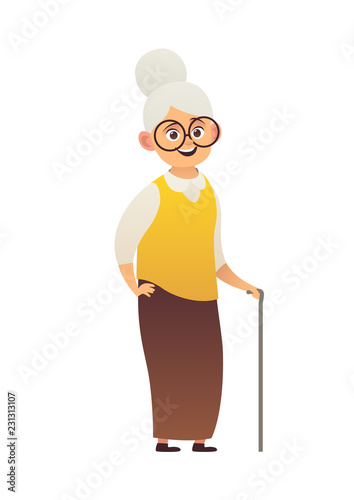 Cute old woman with walking stick grandmother wearing glasses