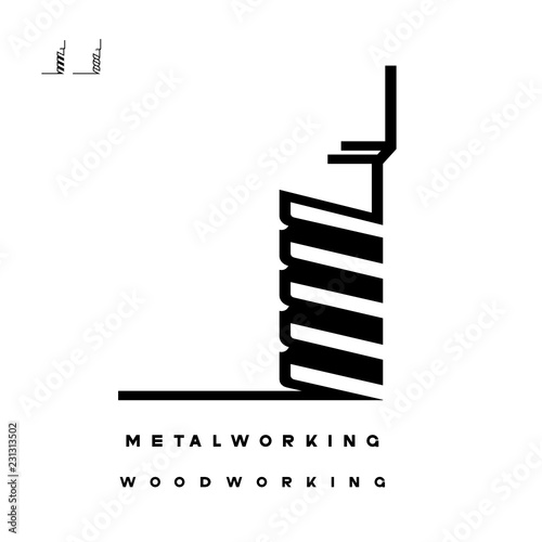 
illustration consisting of several images of milling cutters for wood and metal and the inscription "woodworking" and "metalworking" in the form of a symbol or logo