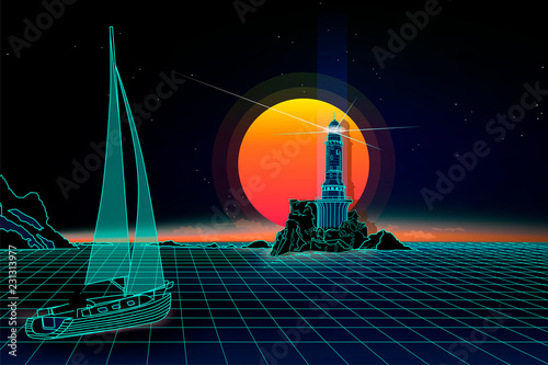 Retro background  night lighthouse and yacht. Landscape 1980s style. Retro 80s Sci-Fi background  Landscape.Futuristic background retro wave.
