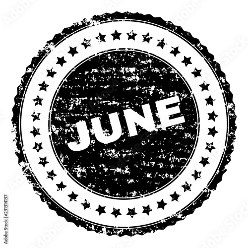 JUNE seal print with corroded texture. Black vector rubber print of JUNE label with unclean texture. Rubber seal imitation has circle shape and contains stars.