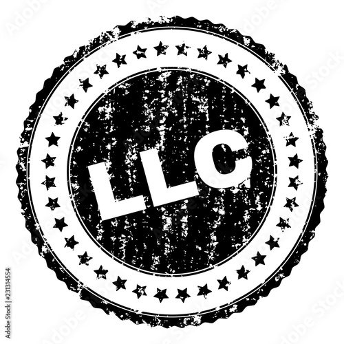 LLC seal print with corroded texture. Black vector rubber print of LLC caption with corroded texture. Rubber seal imitation has circle shape and contains stars.