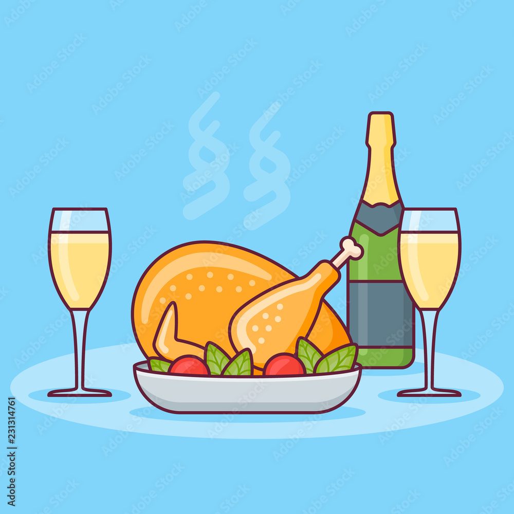 Φωτογραφία Christmas dinner with roasted chicken, bottle and glasses of champagne