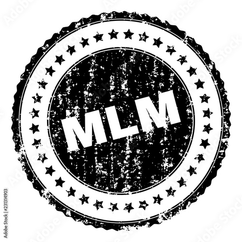 MLM seal print with distress texture. Black vector rubber print of MLM text with retro texture. Rubber seal imitation has round shape and contains stars.