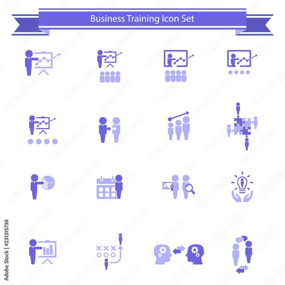 Business Management, Business Training, Business Strategy And Human Resources Icon Set. Flat Style Vector Icons. 
