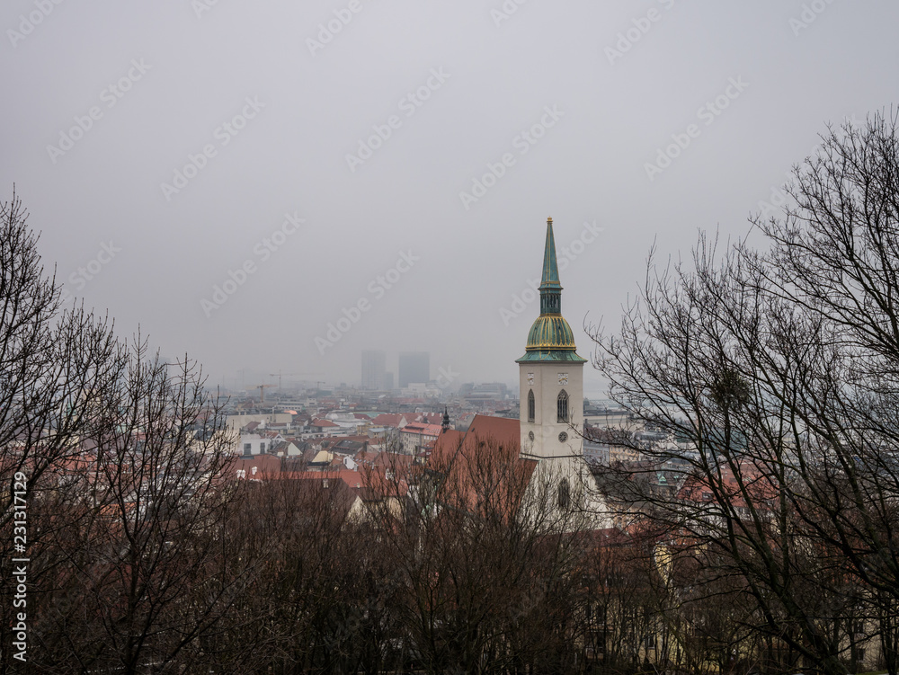 Bratislava - Panoramic skyline of the City from the Castle with the St. Martins cathedral. Fog over Bratislava.