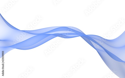 Blue color scarf. Abstract blue wave. Bright blue ribbon on white background. Abstract blue color smoke. Raster air background. 3D illustration